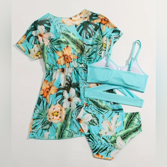 Girl’s 3 Pcs Swim Set - Bikini & Cover Up - Tropical - Picture 2 of 2